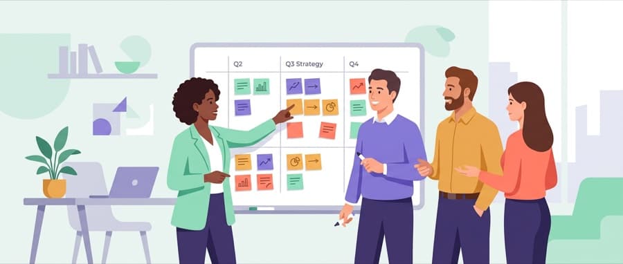 Team im Strategie-Workshop priorisiert Initiativen für das nächste Quartal an einem Board mit Sticky Notes