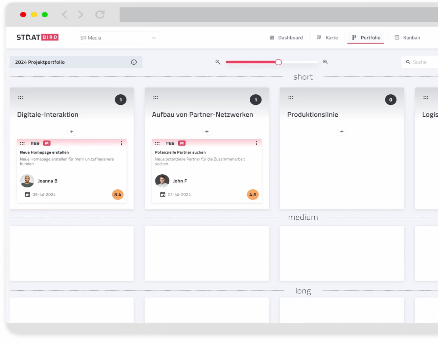 Das Portfolio Board in StratBird: Handlungsfelder als Spalten, Zeithorizonte short, medium und long als Zeilen